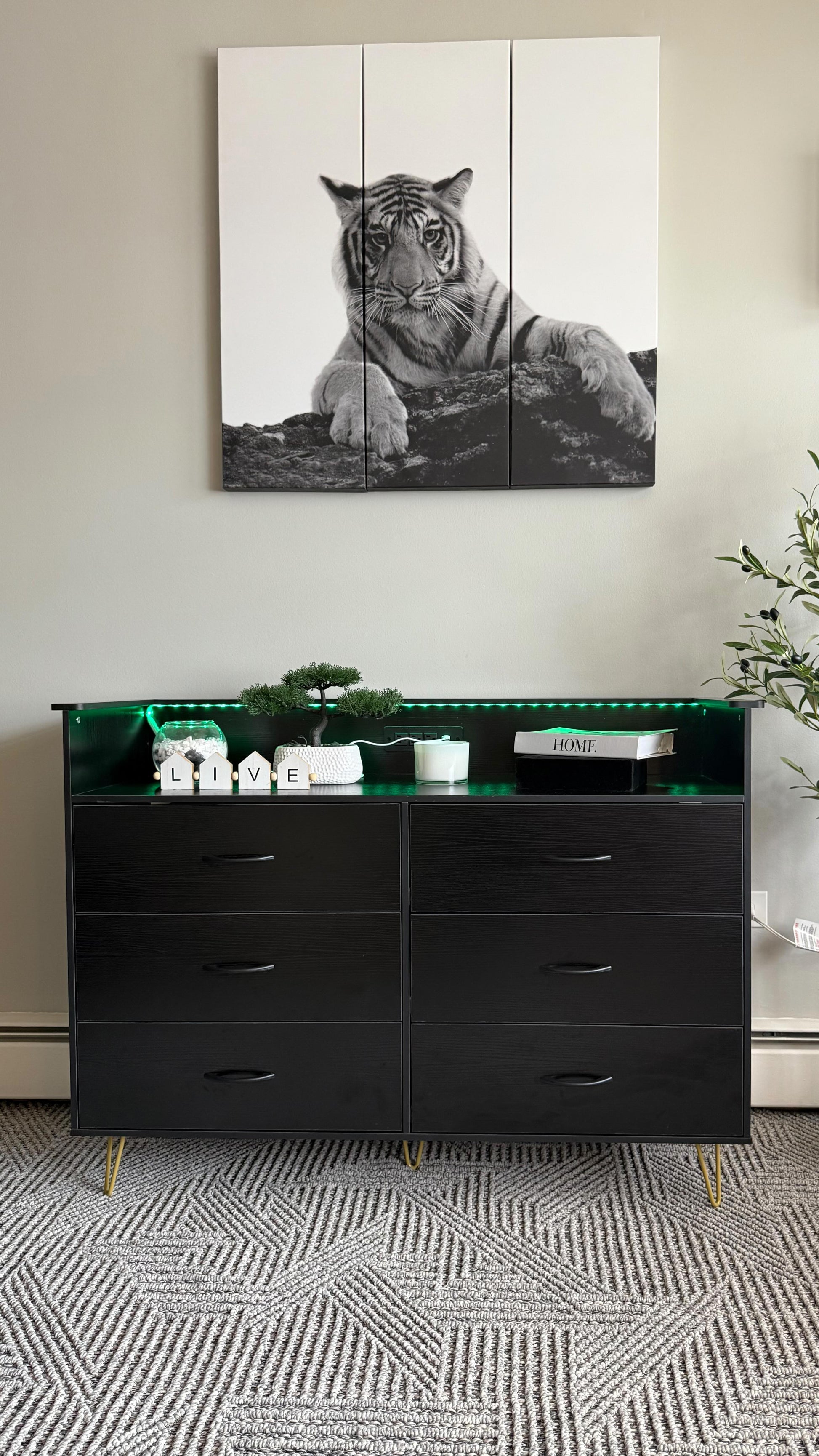Garvee Black Dresser with LED Light, 6 Drawers, Wooden, Charging Station, Modern Design, Bedroom, Hallway, TV Stand