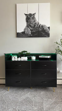Garvee Black Dresser with LED Light, 6 Drawers, Wooden, Charging Station, Modern Design, Bedroom, Hallway, TV Stand