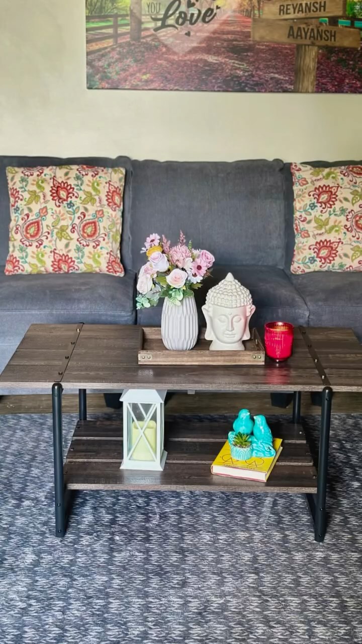 Garvee 2-Tier Farmhouse 41'' Large Gray Wood Coffee Table with Storage Shelf -Modern Rustic Metal Rectangle Center Living Room Coffee Table Accent Furniture for Home Office,Easy Assembly