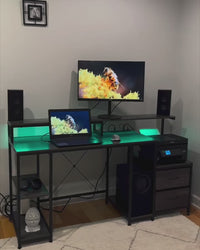 Garvee Office Desk with LED Light & Power Outlets, 63 inch Computer Desk with Monitor Stand and Printer Space, Gaming Desk with Drawers and Storage Shelves for Study Writing Working, Grey Oak