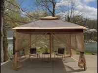 Khaki outdoor canopy shelter with full mesh sidewalls and zippered openings