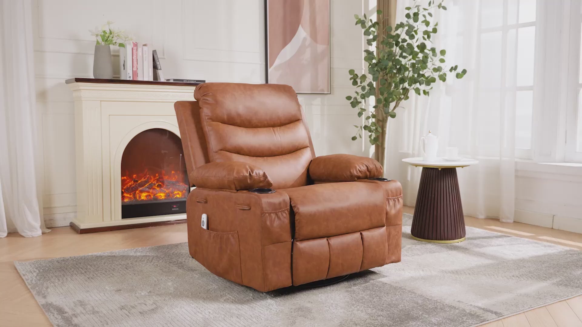 Garvee Recliner Chair for Elderly, Swivel Rocker Recliner Chair with Massage & Heat, Storage Pockets & Cup Holders, Leather Recliner Chair for Living Room & Nursery, Vintage Brown