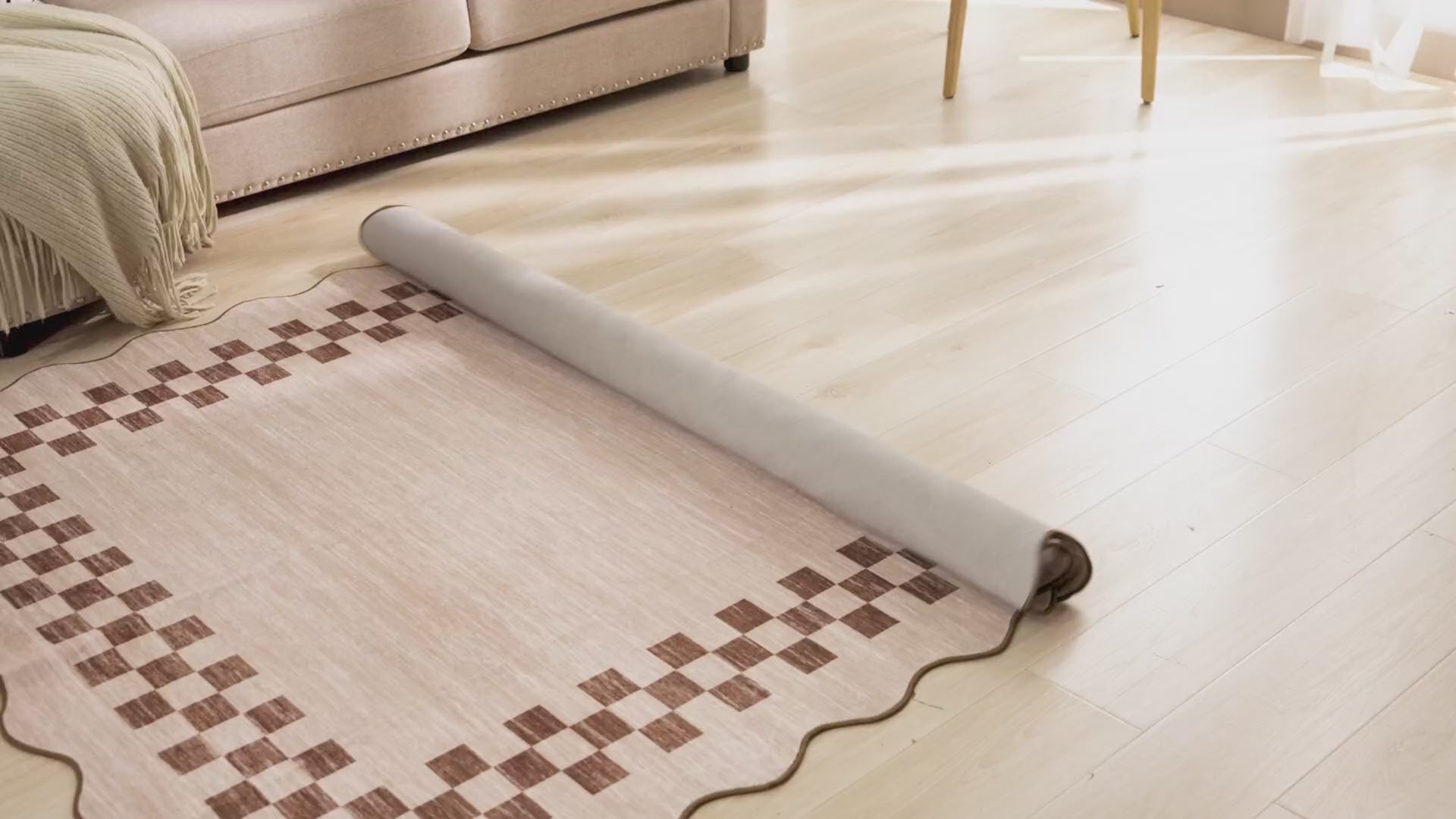 Garvee Bordered Beige 5x7 Washable Rug for Living Room Large Bedroom Scalloped Rug Non Slip Stain Resistant Modern Border Throw Carpet Soft Boho Rug for Dining Room Nursery Home Office