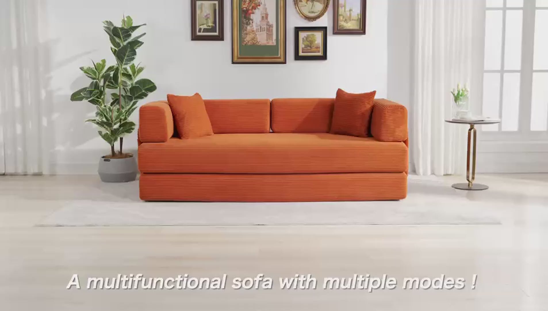 Garvee Convertible Sleeper Sofa Bed, 78.8" Floor Sofa Bed, 5-in-1 Folding Mattress Couch Loveseat with Fixed-Shape Frame, Pillow, Corduroy Fabric for Living Room Bedroom Lounge, Orange