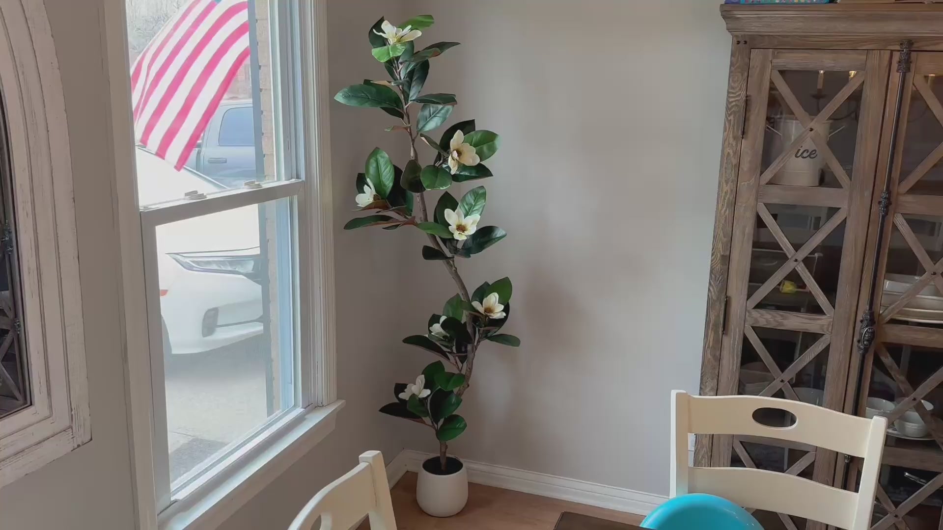 Garvee Rubber Tree 7ft Artificial Tree in White Planter Pot, Faux Plants Indoor Faux Floor Plant Artificial Plants with 7 Pcs Magnolia Flowers Perfect for Home, Living Room, Office Decor