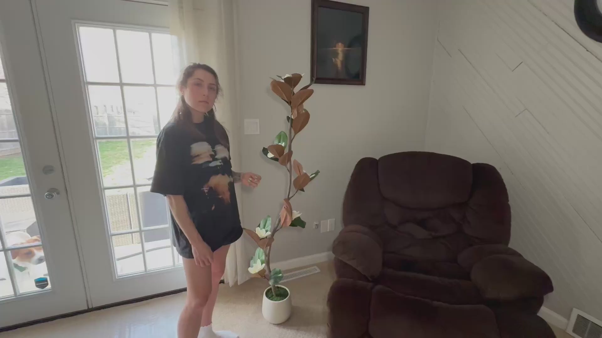 Garvee Rubber Tree 6ft Artificial Tree in White Planter Pot, Faux Plants Indoor Faux Floor Plant Artificial Plants with 7 Pcs Magnolia Flowers Perfect for Home, Living Room, Office Decor