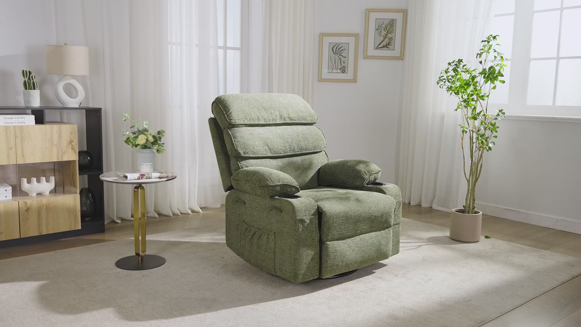 Garvee Massage Rocker Recliner with Heating, 360° Swivel Glider Recliner Chairs for Adults, Linen Nursery Chair with Side Pocket, Two Cup Holders, Green