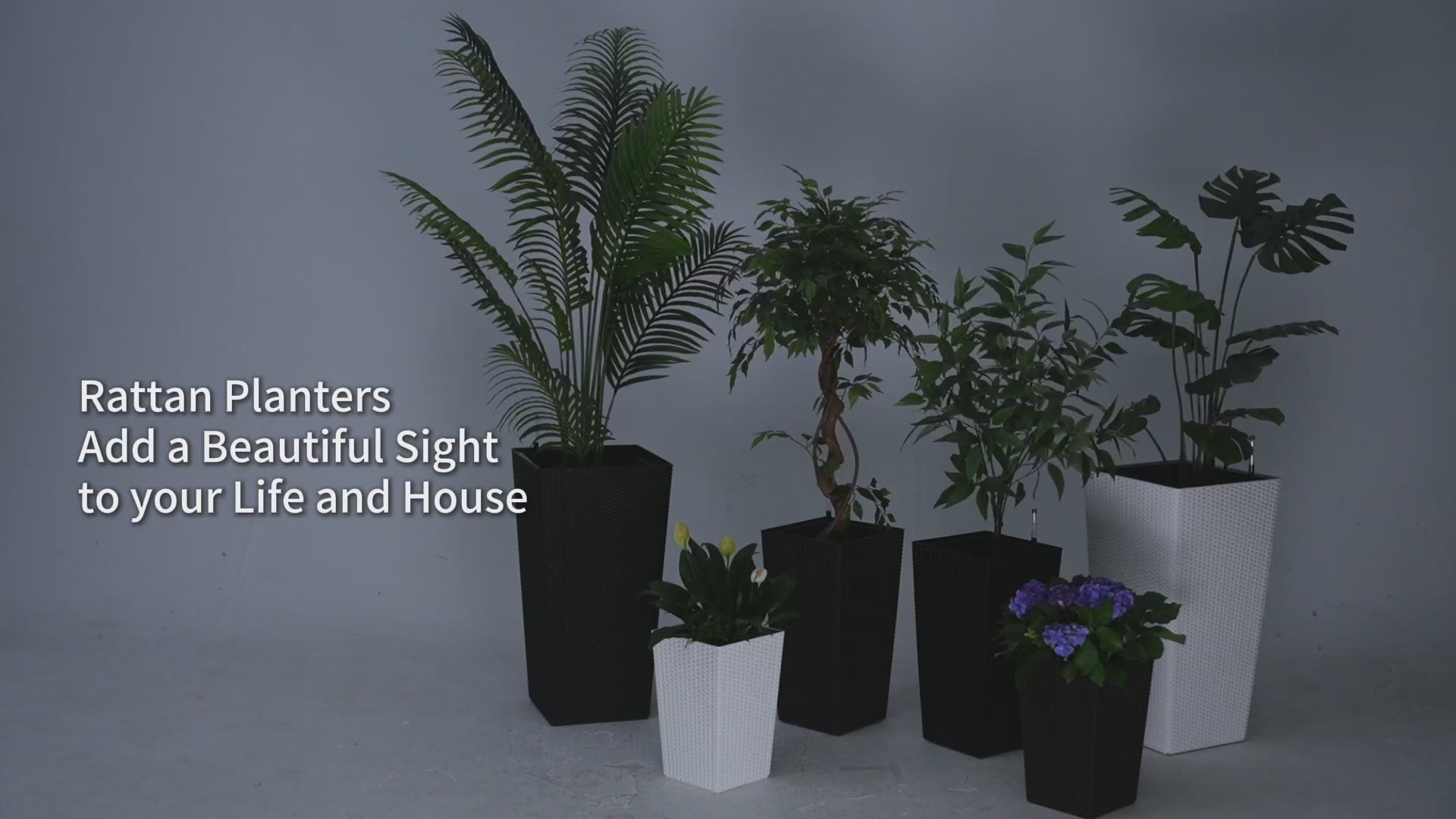 Garvee 16 Inch Tall Rattan Planter Set of 2 with Water Level Monitor & Wheels, Durable Weather-Resistant Plastic, Self-Watering, White, for Patio & Indoor