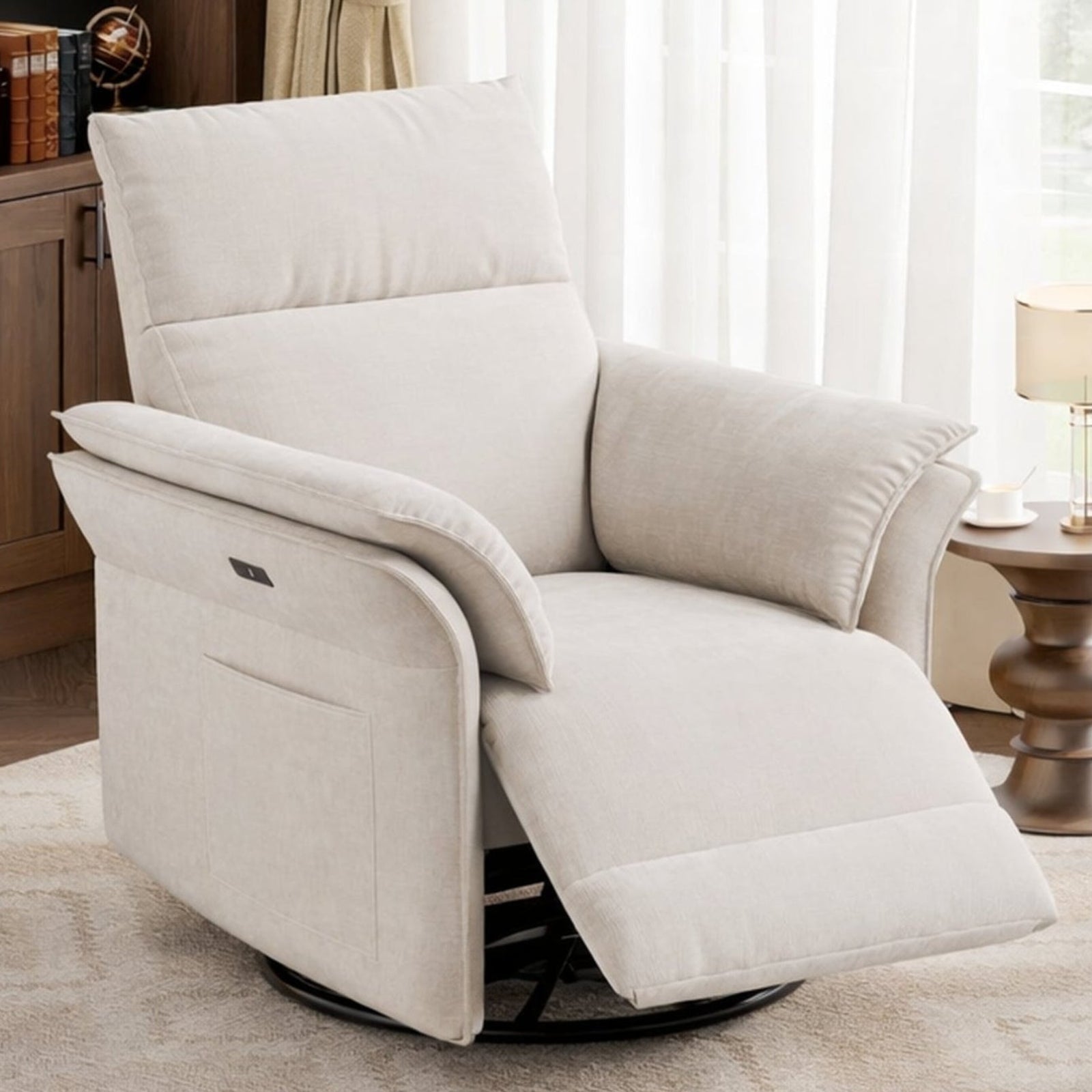 Garvee Power Swivel Glider Recliner with USB Port, 270° Swivel & Double-Layer Armrests, Rocking, Power Recline, Chenille Upholstered Fabric Chair for Living Room, Nursery, Beige