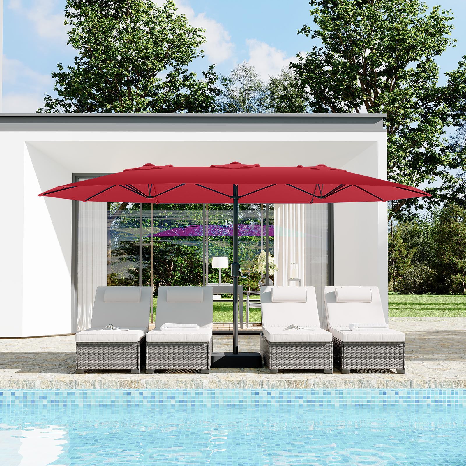 Garvee 15' Large Patio Umbrella with Base, Outdoor Double-Sided Rectangle Market Umbrella Outside Umbrellas for Poolside Lawn Backyard, Wine Red
