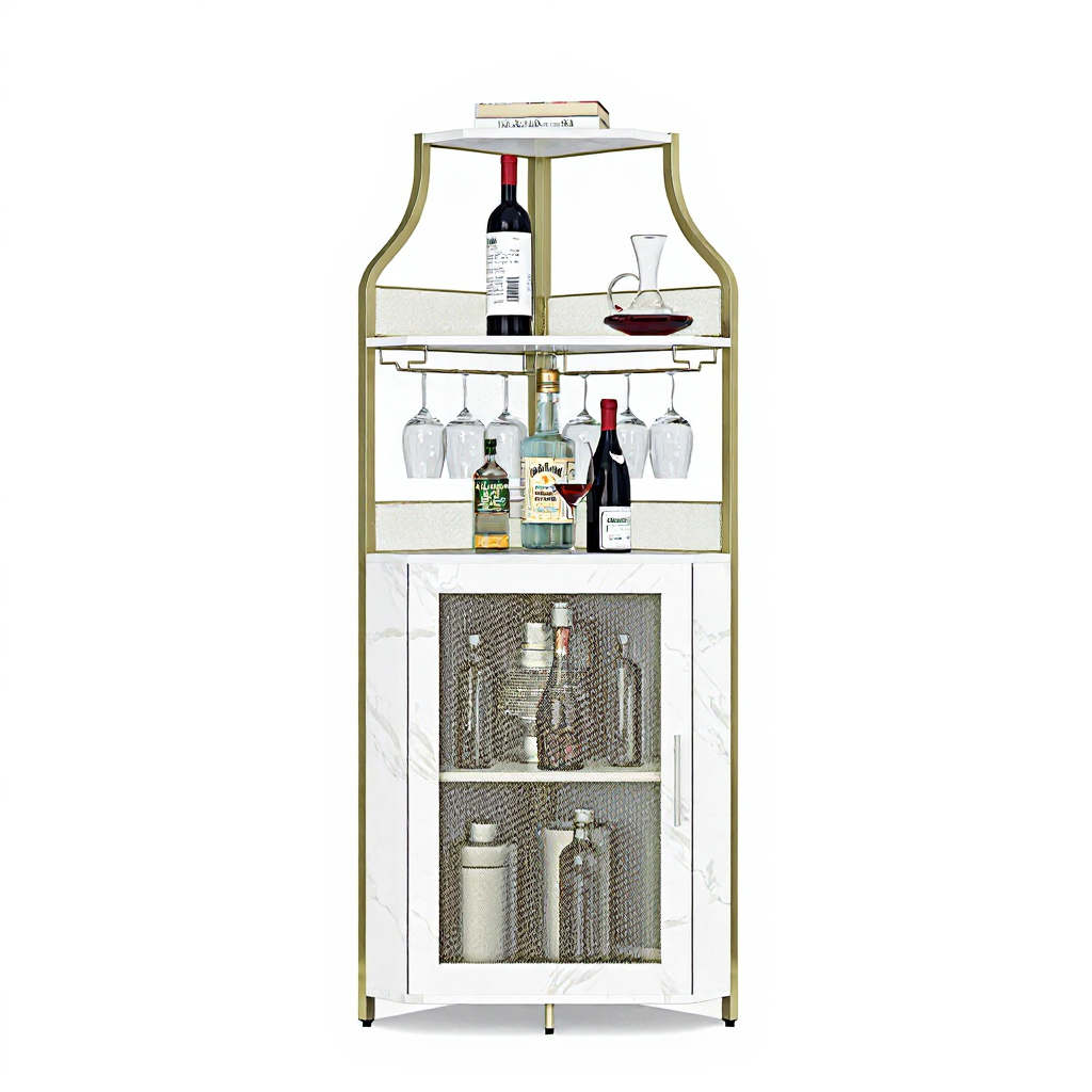 Garvee Corner Wine Bar Rack Cabinet with Detachable Wine Rack, Bar Cabinet with Glass Holder and Mesh Door, Liquor Coffe Bar Cabinet with Adjustable Shelves, ‎Gold