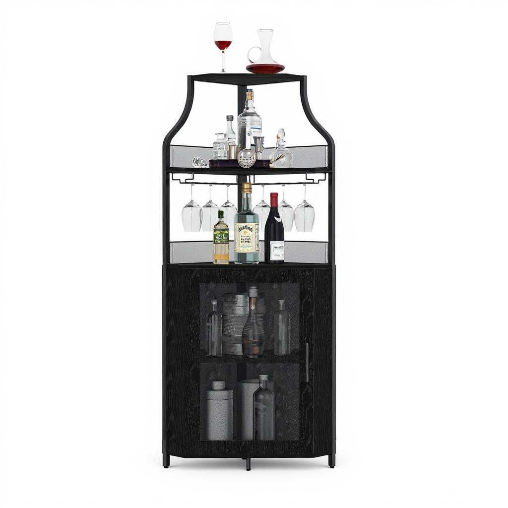 Garvee Corner Wine Bar Rack Cabinet with Detachable Wine Rack, Bar Cabinet with Glass Holder and Mesh Door, Liquor Coffe Bar Cabinet with Adjustable Shelves, ‎Black