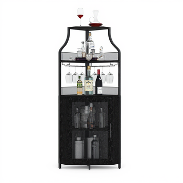 Garvee Corner Wine Bar Rack Cabinet with Detachable Wine Rack, Bar Cabinet with Glass Holder and Mesh Door, Liquor Coffe Bar Cabinet with Adjustable Shelves, ‎Black