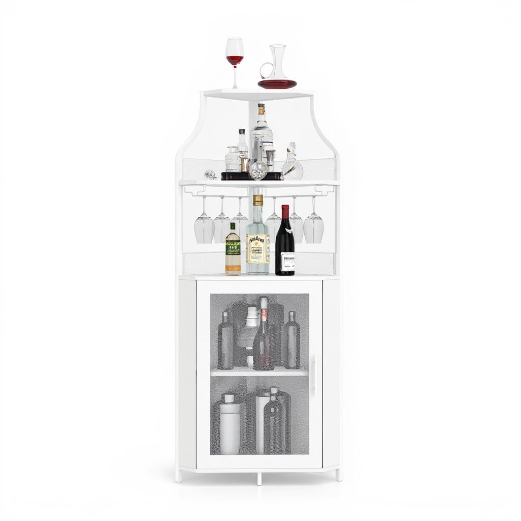 Garvee Corner Wine Bar Rack Cabinet with Detachable Wine Rack, Bar Cabinet with Glass Holder and Mesh Door, Liquor Coffe Bar Cabinet with Adjustable Shelves, ‎White