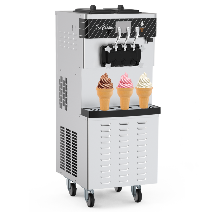 Garvee 3 Flavor Soft Serve Ice Cream Maker 2450W 20-30L/H Yield 14L Hopper Smart LED Controls Self-Clean Mobile for Snack Bars Supermarkets