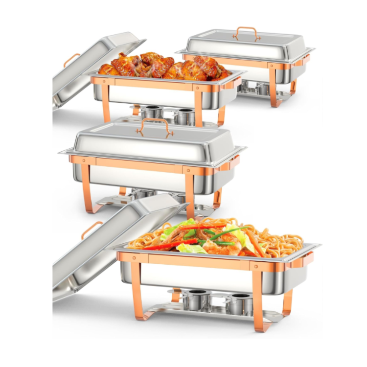 Garvee Chafing Dish Buffet Set, 8QT 4 Pack, Rectangle Chafing Dishes for Buffet w/Lid Holder, Stainless Steel Chafer Food Warmers Servers with Spoon and Tweezers for Kitchen Party Banquet Dining, Rose Gold