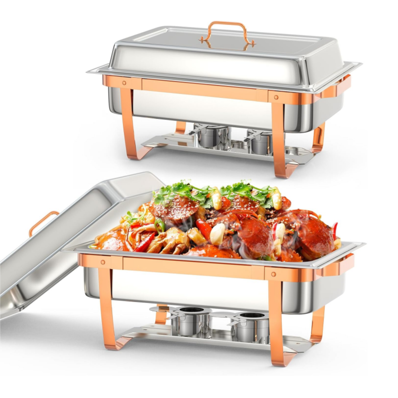 Garvee Chafing Dish Buffet Set, 8QT 2 Pack, Rectangle Chafing Dishes for Buffet w/Lid Holder, Stainless Steel Chafer Food Warmers Servers with Spoon and Tweezers for Kitchen Party Banquet Dining, Rose Gold