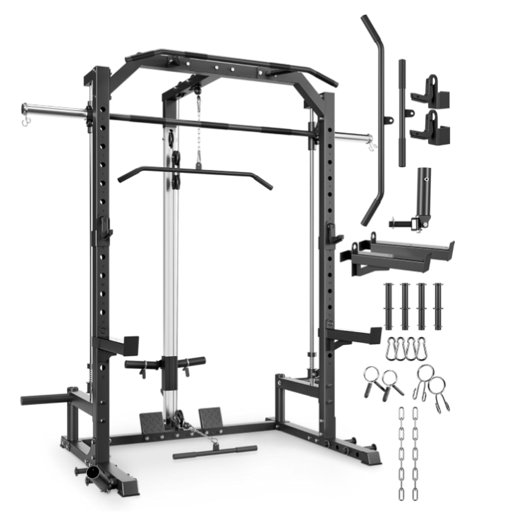 GARVEE Smith Machine Home Gym with Barbell Bar, Cable System, Lat Pulldown Attachments, Safety Spotter Arms, J Hooks, Landmine, Multi-Functional Squat Rack for Full Body Strength Training