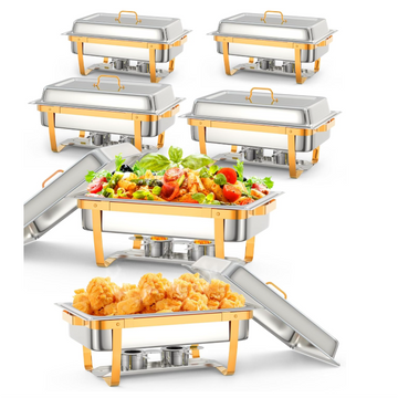 Garvee 8QT Chafing Dish Buffet Set (6-Pack) - Foldable Food Warmers with Spoons & Tweezers for Weddings, Parties, Banquets, and Catering Events (Gold)