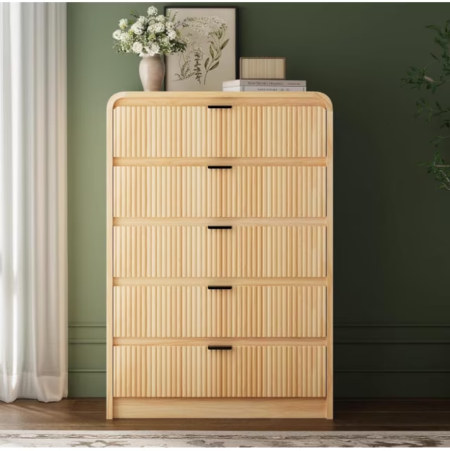 Garvee Fluted Tall Dresser 5 Drawer Mid-Century Modern Rounded Edge Walnut Wood Soft-Close Drawers Bedroom Living Room