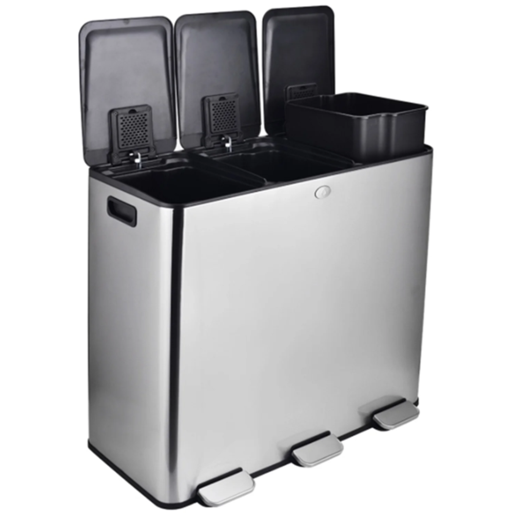 Garvee Triple Trash Can with Lid 90 Liters - 24 Gals Stainless Steel 3 Compartment Trash and Recycle Bin Combo with Separated Lid and Foot Pedal Trash Can