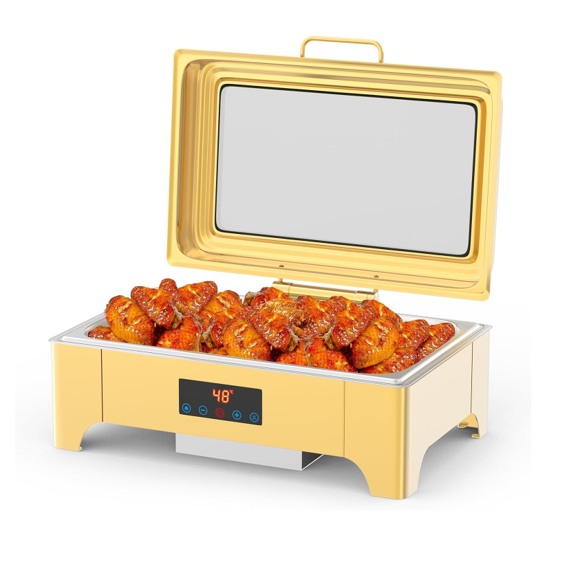 Garvee Electric Chafing Dish 9QT Full Size Touch Screen Buffet Warmer with Glass Lid Gold for Catering Parties Weddings