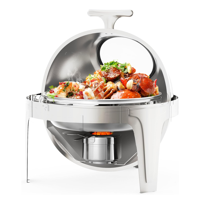 Garvee 6.3 Quart Round Roll Top Chafing Dish Buffet Set Stainless Steel Food Warmer with Glass Window for Party Wedding Banquet Silver