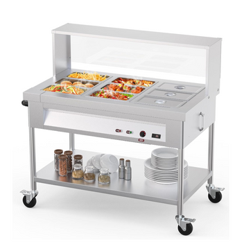 Garvee 72QT Commercial Food Warmer 9x8QT Electric Steam Table with Acrylic Shield Stainless Steel Bain Marie Countertop Lockable Wheels for Restaurants Buffets Party 1500W 110V