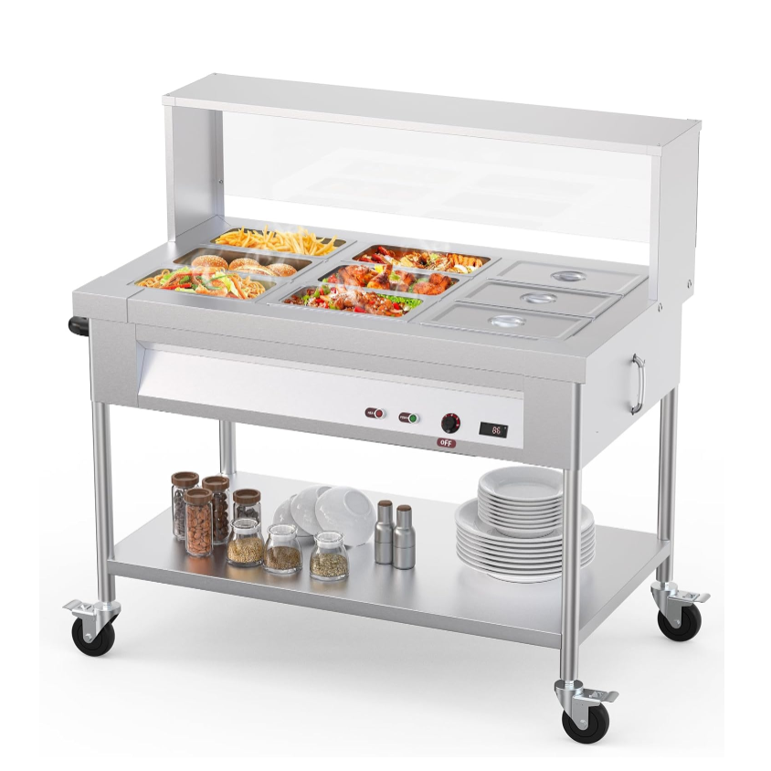 Garvee 72QT Commercial Food Warmer 9x8QT Electric Steam Table with Acrylic Shield Stainless Steel Bain Marie Countertop Lockable Wheels for Restaurants Buffets Party 1500W 110V