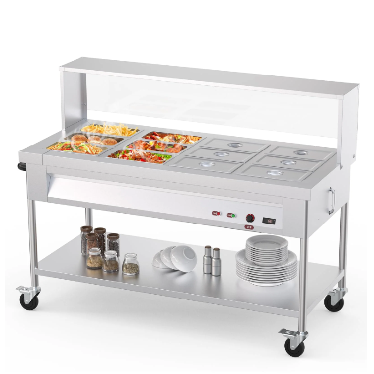 Garvee 96QT Commercial Food Warmer 12x8QT Electric Steam Table with Acrylic Shield Stainless Steel Bain Marie Countertop Lockable Wheels