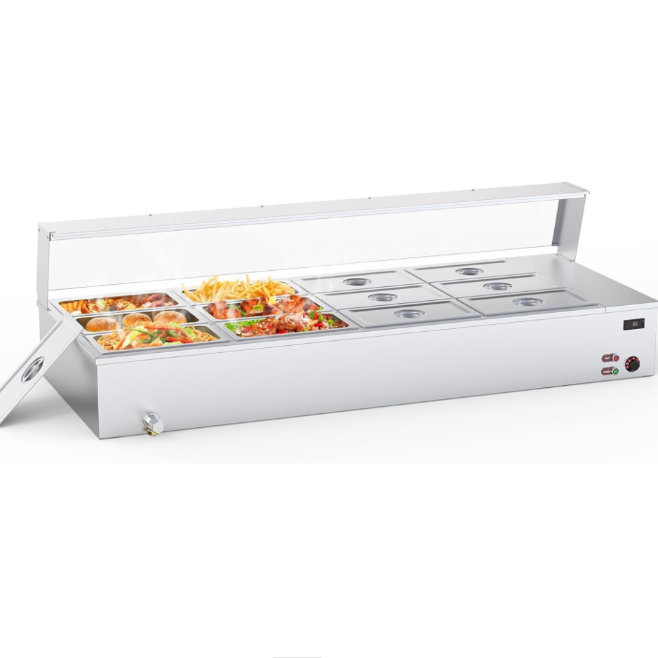 Garvee 96QT Commercial Food Warmer 12x8QT Electric Steam Table with Acrylic Shield for Restaurants Buffets, Stainless Steel, 58.1"x22.8"x15.8"
