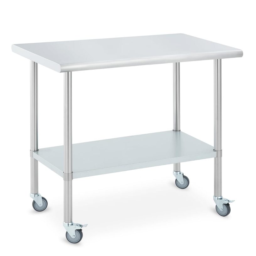 Garvee 48"L x 24"W x 34"H Stainless Steel Worktable with Casters Adjustable Shelf Heavy Duty Metal Food Prep Table for Kitchen Garage Outdoor
