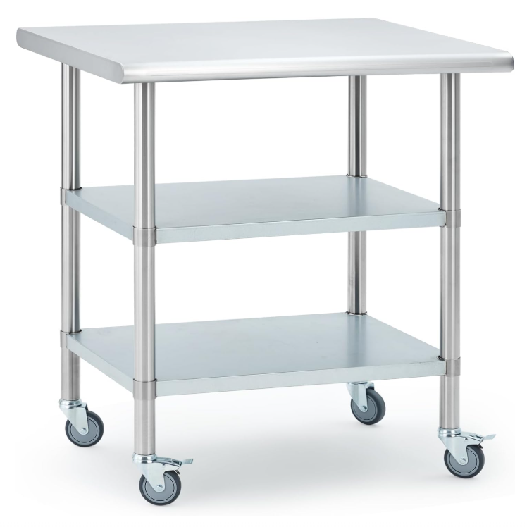 Garvee 30"L x 24"W x 34"H Stainless Steel Worktable with Casters and Adjustable Shelves for Commercial Kitchen, Silver