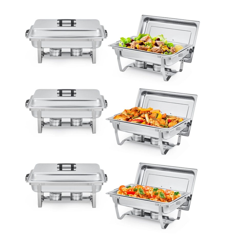 Garvee Stainless Steel Buffet Food Warmer - Rectangular Warm Plate with Heat-Resistant Handles, Corrosion-Resistant Thick Steel, Stackable Containers, 6pcs Set, Catering Events, Silver