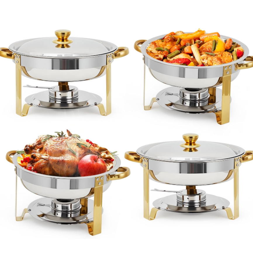 Garvee 4 Pack 5QT Round Stainless Steel Chafing Dishes with Lid for Catering Parties Wedding Banquet, Gold