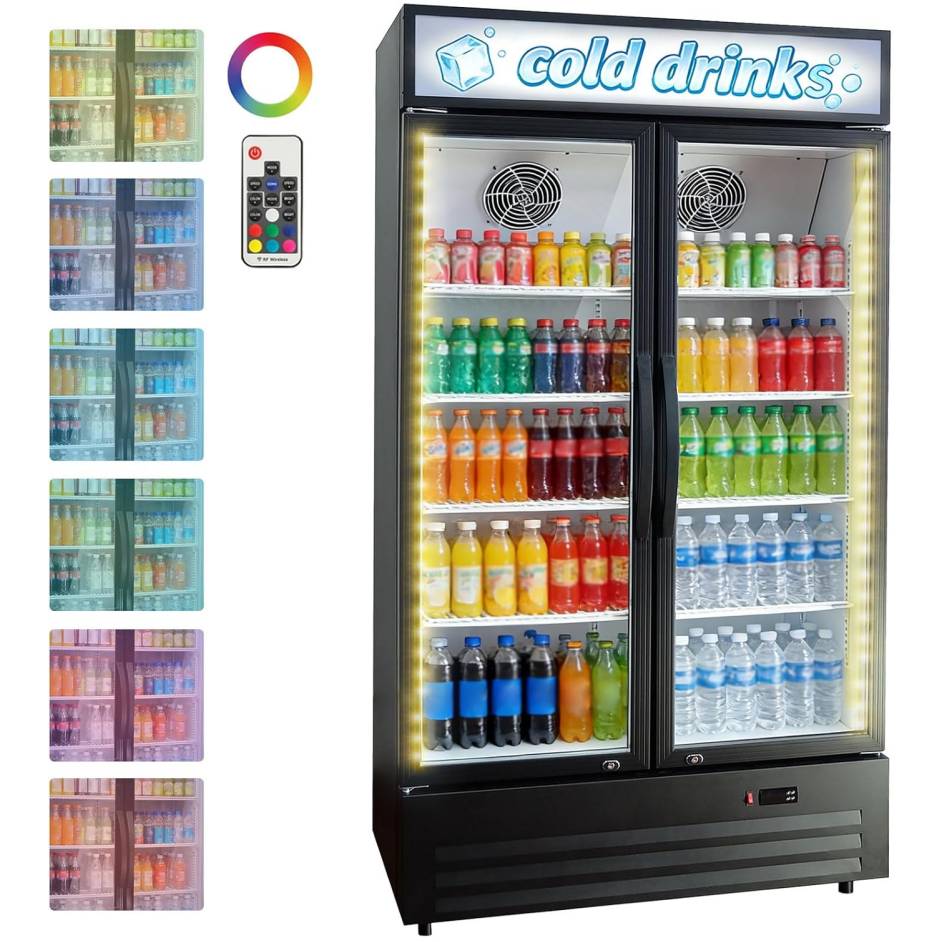 GARVEE 34.8 Cu.ft Double Door Commercial Beverage Cooler - 580-Can Glass Display Fridge | Frost-Free Air-Cooled, RGB Lights, Adjustable Shelves | for Bar/Restaurant/Store (Black)
