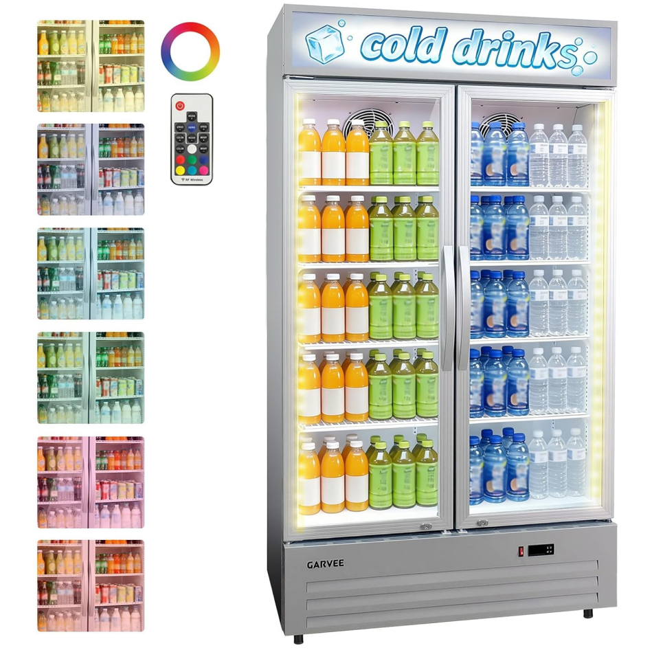 GARVEE 34.8 Cu.ft Double Door Commercial Beverage Cooler - 580-Can Glass Display Fridge | Frost-Free Air-Cooled, RGB Lights, Adjustable Shelves | for Bar/Restaurant/Store (Silver)