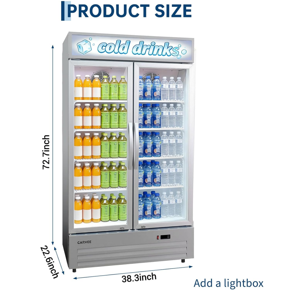 GARVEE 34.8 Cu.ft Double Door Commercial Beverage Cooler - 580-Can Glass Display Fridge | Frost-Free Air-Cooled, RGB Lights, Adjustable Shelves | for Bar/Restaurant/Store (Silver)