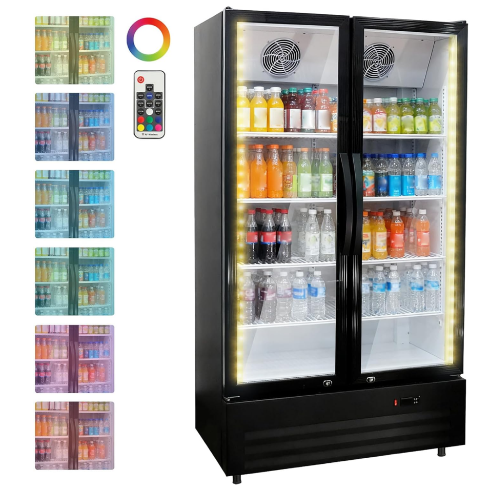 GARVEE 32.5 Cu.ft Double Door Commercial Beverage Cooler - 580-Can Glass Display Fridge | Frost-Free Air-Cooled, Automatic Door Rebound | for Bar/Restaurant/Supermarket (Black)