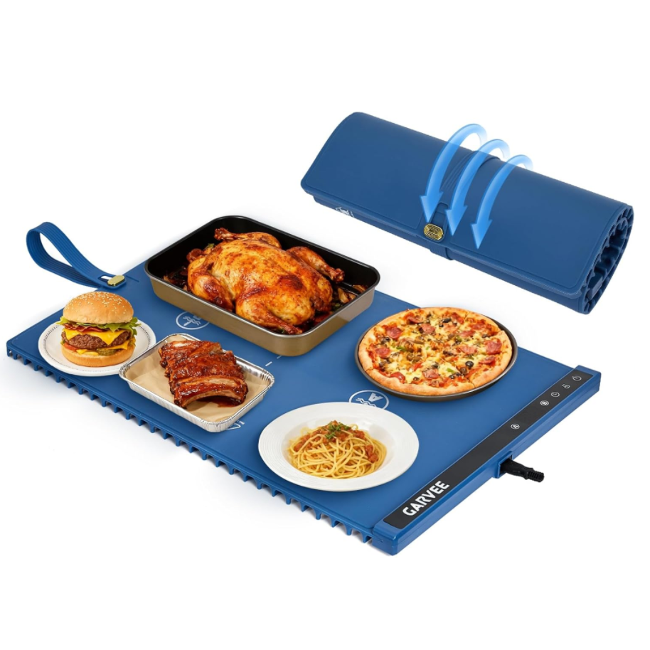GARVEE 2-Zone Heating Food Mat - 24"X15" Warming Mat for Food Rollable Full-Surface Warmer with 6 Temp Settings & 3H Timer, Anti-Slip Heat-Insulated Pad for Meals (Blue)
