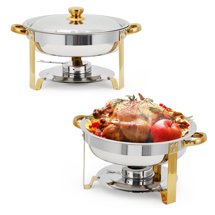 Garvee 2 Pack Chafing Dishes for Buffet, 5 QT Round Buffet Servers and Food Warmer Set with Lid, Stainless Steel Chafers for Catering Parties Wedding Banquet, Gold
