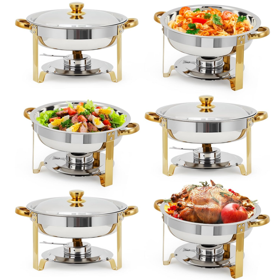 Garvee 6 Pack Chafing Dishes for Buffet, 5 QT Round Buffet Servers and Food Warmer Set with Lid, Stainless Steel Chafers for Catering Parties Wedding Banquet, Gold