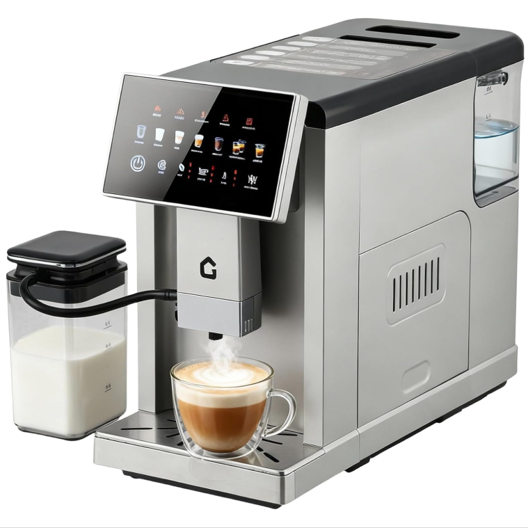 GARVEE 20 Bar Fully Automatic Espresso Machine & Coffeemaker with Integrated Grinder, One-Touch Milk Frother, Dual Boiler, Self-Cleaning, Adjustable Settings, Silver