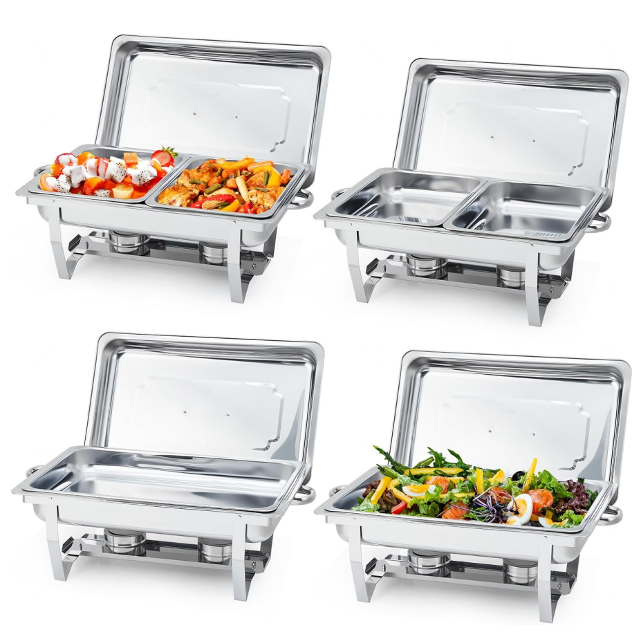 Garvee 4-Pack Stainless Steel Chafing Dish Buffet Set - 8QT Large Square Food Warmer for Catering, Weddings & Home Parties, Silver, 24.4x14x12 Inches