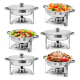 Garvee Commercial Grade 6 Pack 5QT Stainless Steel Round Chafing Dish Buffet Set - Durable Insulated Food Warmer with Stackable Lids for Catering, Parties, Weddings, Banquets - Portable Buffet Server, 6pcs - 