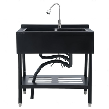 Garvee 22"D X 37"W X 39"H Freestanding Stainless Steel Double Bowl Kitchen basin - 360° Rotating Faucet - Durable, Rust Proof, Easy to Clean - Modern Black Finish - For Home, Kitchen, Bar, Laundry