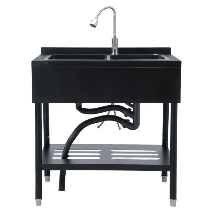 Garvee 22"D X 37"W X 39"H Freestanding Stainless Steel Double Bowl Kitchen basin - 360° Rotating Faucet - Durable, Rust Proof, Easy to Clean - Modern Black Finish - For Home, Kitchen, Bar, Laundry