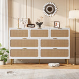 Garvee Rattan Dressers for Bedroom,54" Wide Chest of Drawers with 7 Deep Drawers,Mid Century Modern Tall Dresser,Wooden Storage Cabinet for Living Room, Hallway - White