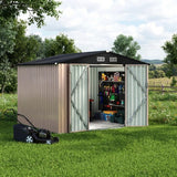Garvee 6' x 8' Metal Outdoor Storage Shed, Lockable Garden Tool Organizer with Galvanized Steel, Air Vents, Sloped Roof & Weatherproof Storage, Dark Top + Brown Board