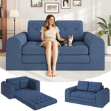 Garvee Space-Saving Convertible Corduroy Sofa Bed - 59" 2-Seater Folding Futon Sleeper with Round Armrest - Pull Out Couch for Living Room or Bedroom - No Assembly - Blue - Blue